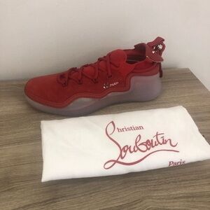 CL PARIS Christian Louboutin Red Suede Studded Arpoador Sneakers US11.5 EU 44.5